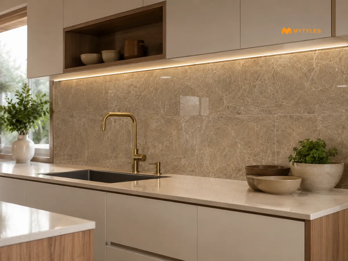 Misty Brown Marble Look Tile In Kitchen Wall